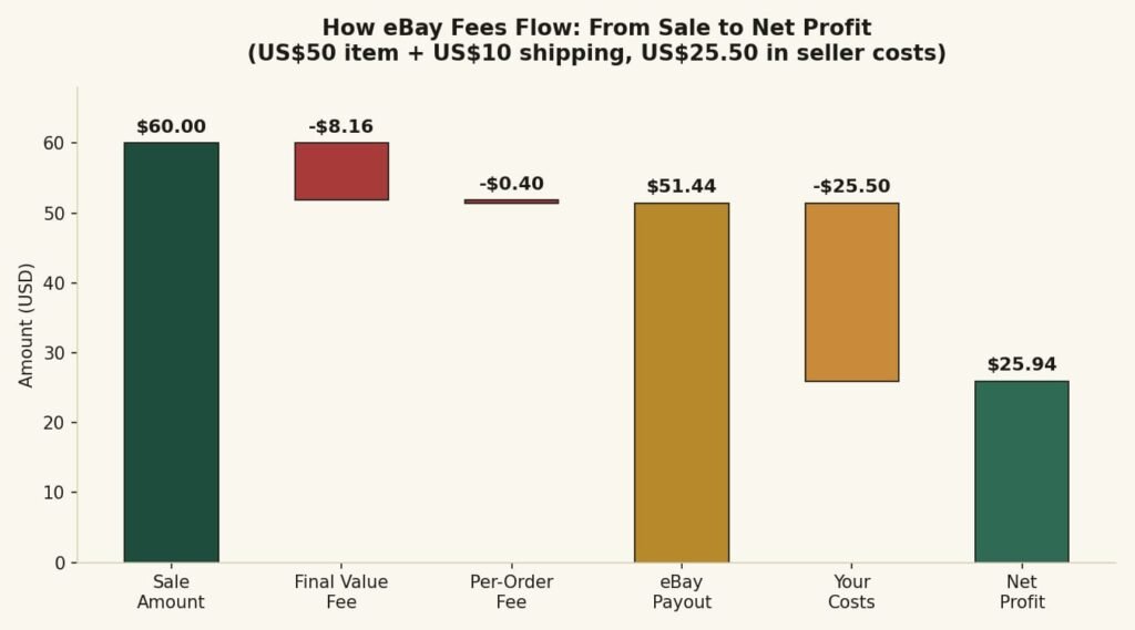 eBay fee flow diagram from sale amount to seller net profit after fees