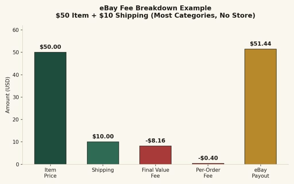 eBay fee breakdown example showing item price shipping final value fee per order fee and seller payout