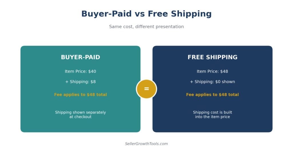eBay buyer-paid vs free shipping comparison showing how fees apply to total sale price