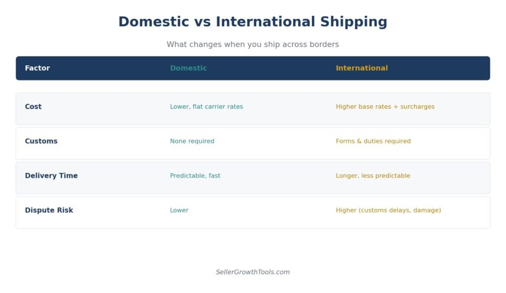 eBay domestic vs international shipping cost comparison chart showing customs and delivery differences