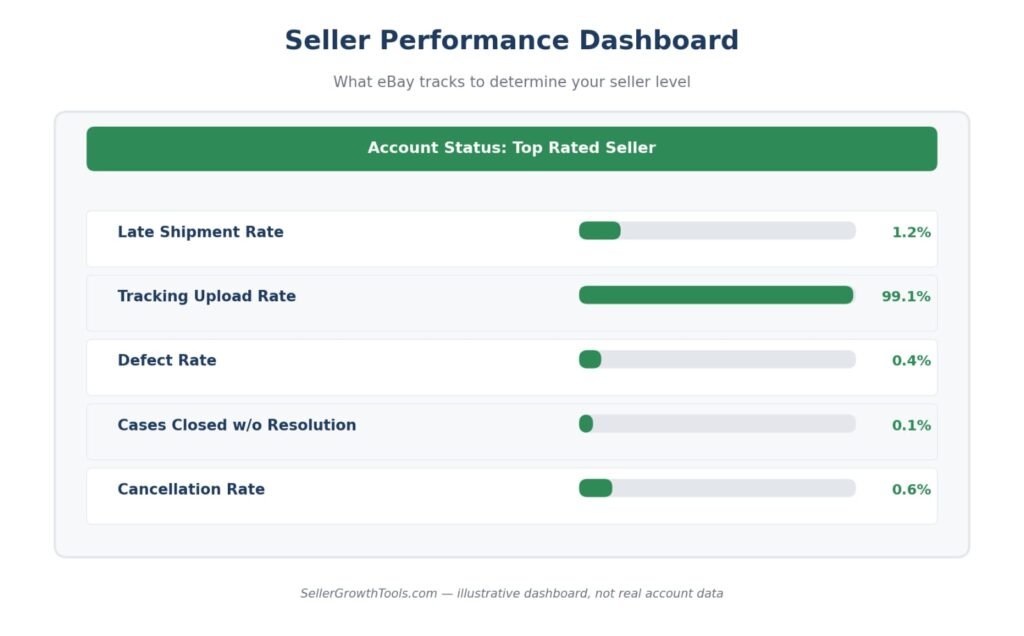 eBay seller performance dashboard illustration showing key metrics for top rated status