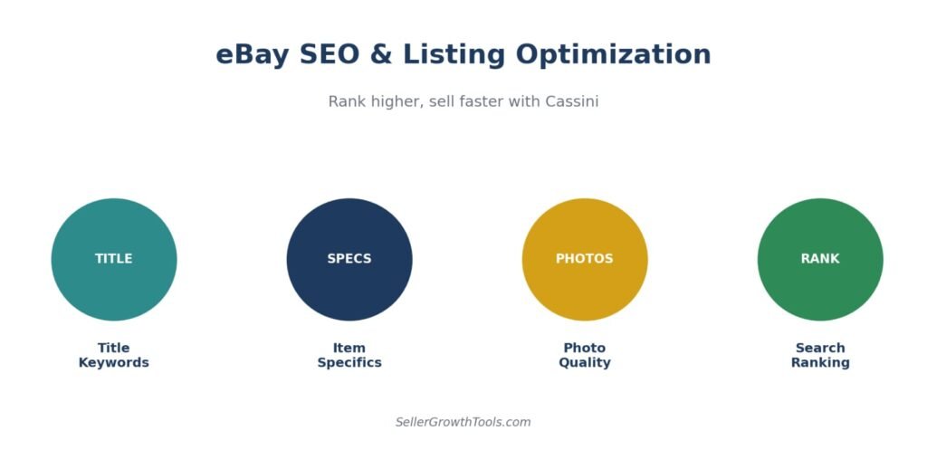 eBay SEO and listing optimization guide showing Cassini algorithm ranking factors for title keywords item specifics and photos