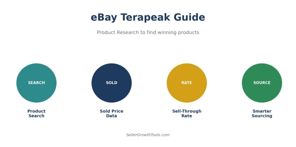 eBay Terapeak Product Research guide showing search sold data and sell-through rate