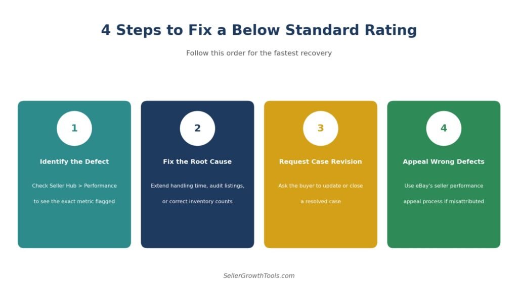 4-step checklist infographic for fixing an eBay Below Standard seller rating