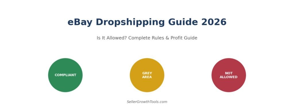 eBay dropshipping guide showing compliant, grey area, and not allowed supplier sourcing categories