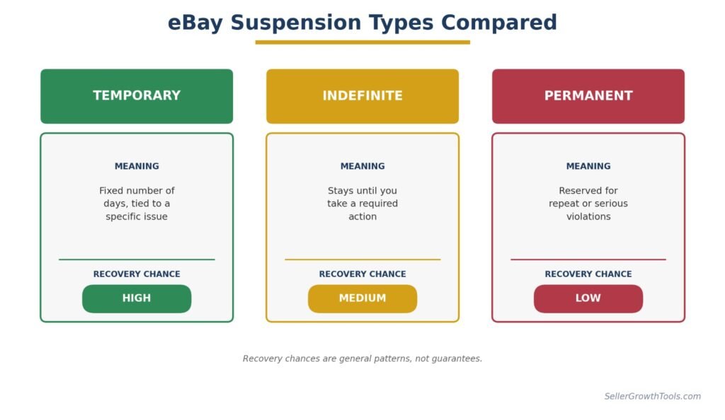 eBay account suspended types comparison temporary indefinite and permanent