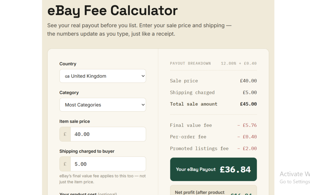 eBay fee calculator showing insertion fee and final value fee breakdown for a sample listing