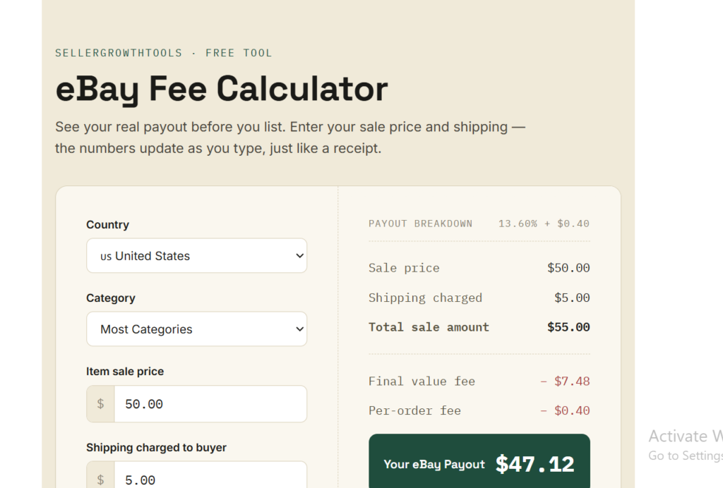 eBay fee calculator showing $50 sale price $5 shipping and final value fee breakdown for US sellers