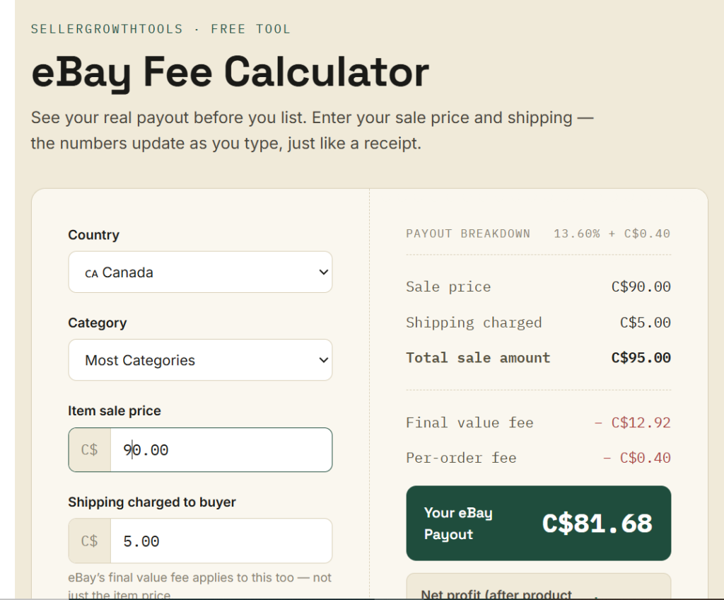 eBay fee Calculator Showing final value fee calculation for a Canadian eBay sale in CAD