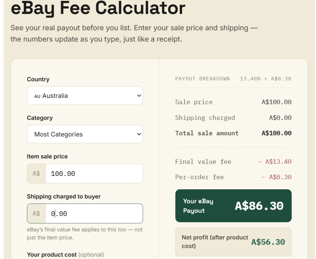 eBay fee calculator showing store vs No Store fee comparison for a  sample eBay Sale