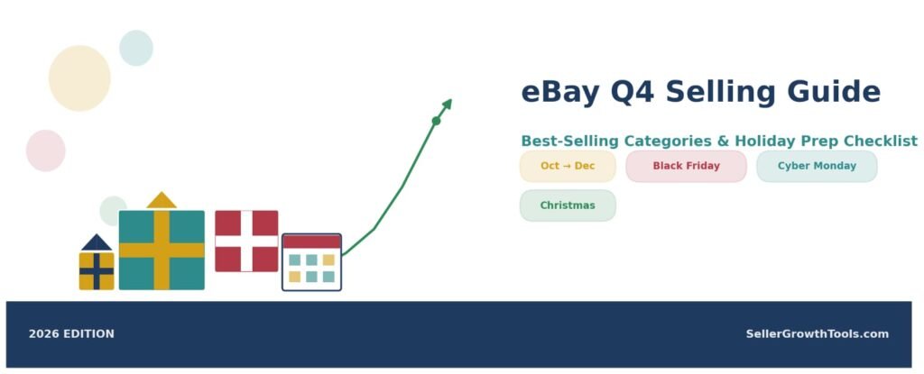 eBay Q4 Selling Guide 2026 hero banner with holiday gift boxes, a calendar icon, and an upward sales trend arrow, alongside tags for Oct to Dec, Black Friday, Cyber Monday, and Christmas