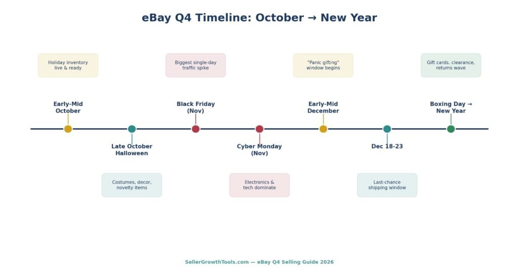 eBay Q4 selling timeline from October to New Year showing Halloween, Black Friday, Cyber Monday, December shipping deadlines, and post-Christmas clearance wave