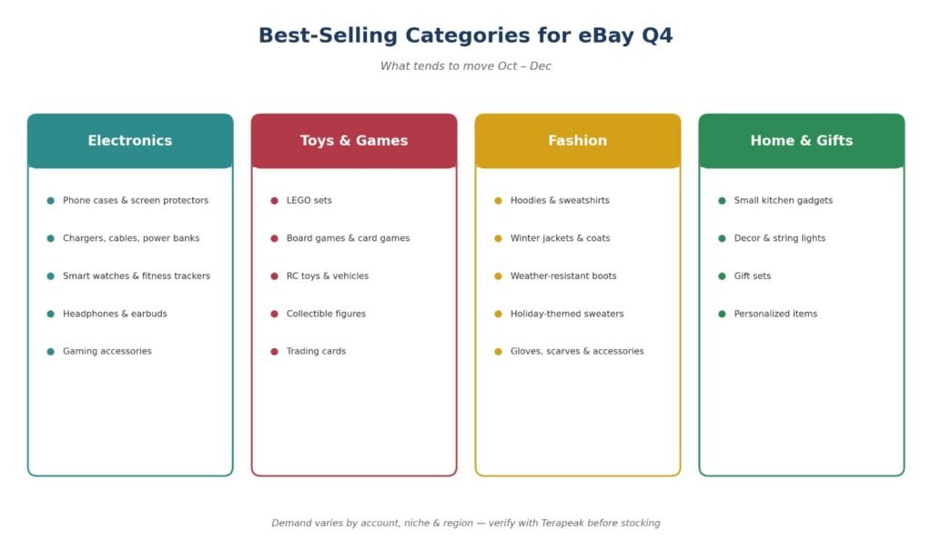 Best-selling eBay Q4 categories chart showing top products in Electronics, Toys & Games, Fashion, and Home & Gifts for holiday season
