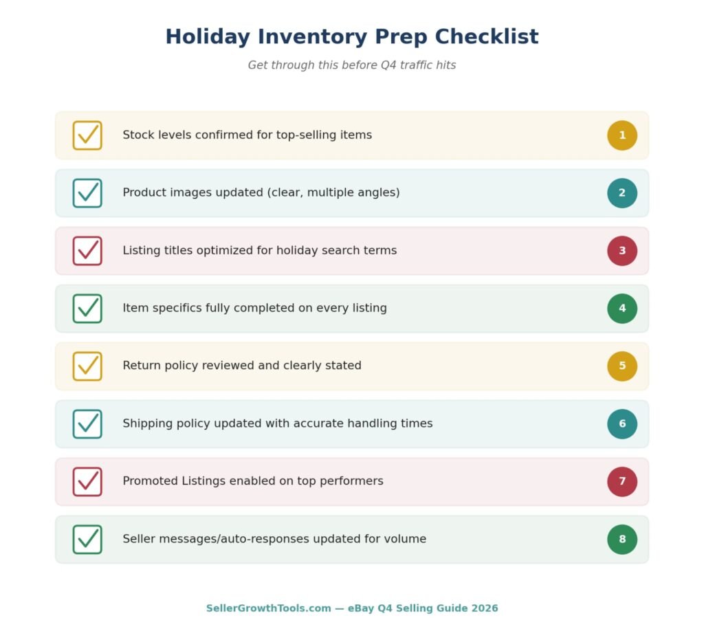 eBay holiday inventory prep checklist with 8 steps including stock levels, listing titles, item specifics, and Promoted Listings before Q4