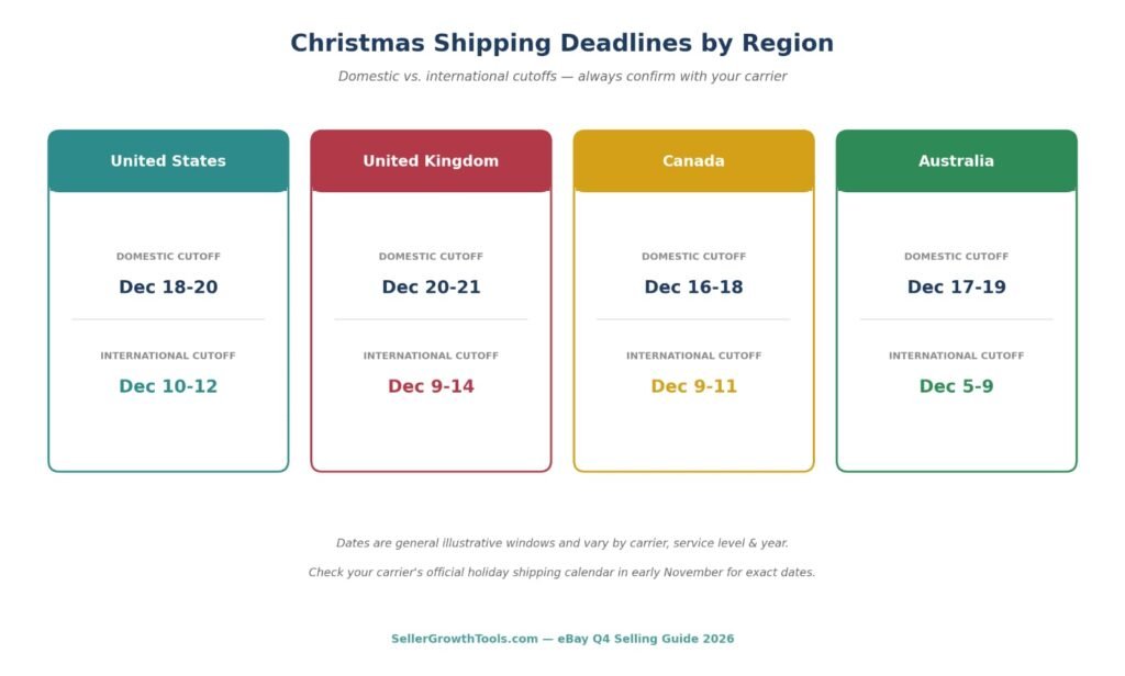 Christmas shipping deadlines by region for eBay sellers showing domestic and international cutoffs for US, UK